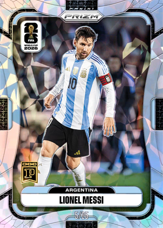The image shows a 2026 Panini Prizm FIFA World Cup Blockchain trading card featuring Lionel Messi (#10) of Argentina, with the "PRIZM" and "FIFA WORLD CUP 2026" logos visible. The card's premium holographic design and limited-edition blockchain designation support the post's prediction of high-value collectible transactions, as digital sports cards featuring star players like Messi often command significant prices in the collector market.
