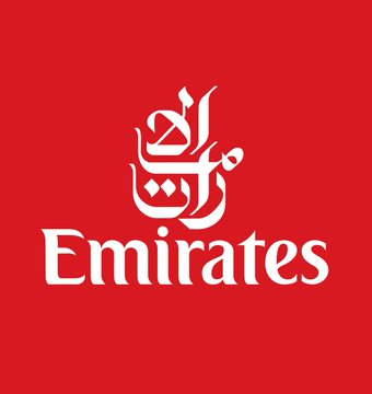 A red square logo featuring white Arabic calligraphy above the English word "Emirates," the emblem of Emirates airline.