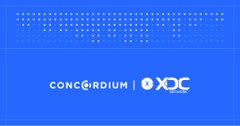 A blue graphic showing a dotted grid pattern above the logos for 'CONCORDIUM' and 'XDC'.