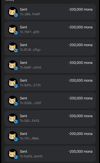 A screenshot of a crypto wallet transaction history displays multiple "Sent" entries of -200,000 mona each to various wallet addresses, supposedly serving as proof that the recipient received their $MONA airdrop tokens as promised.