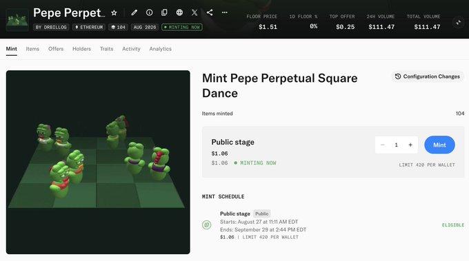 A screenshot of an NFT marketplace page for "Pepe Perpet" minting a "Mint Pepe Perpetual Square Dance" at a floor price of $1.06.