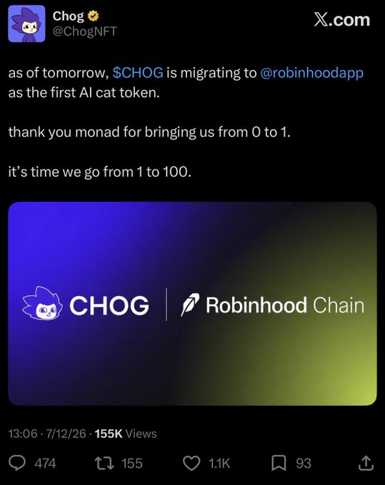 Tweet from Chog (@ChogNFT) announcing the migration of $CHOG to Robinhood as the first AI cat token, thanking Monad.
