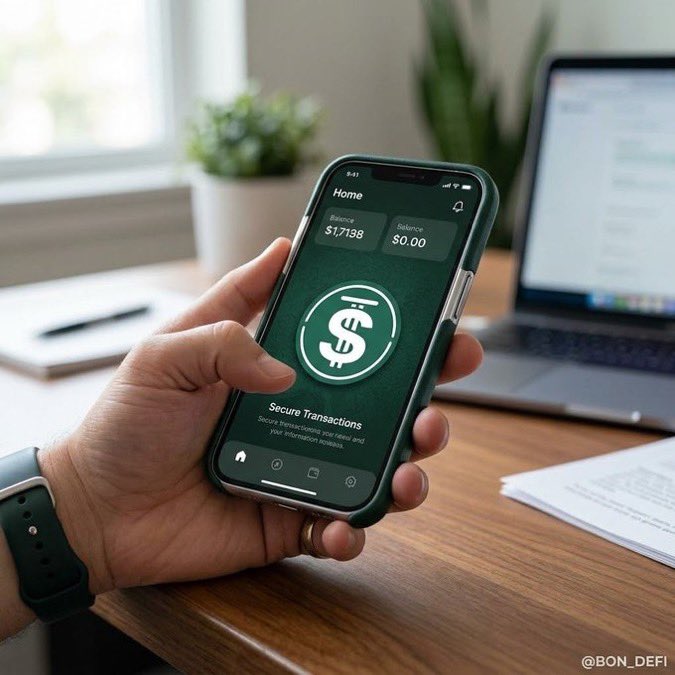 A hand holding a smartphone displaying a green-themed secure transactions app interface showing a $1,138 balance, with a laptop and plant in the background on a wooden desk. Watermark: @BON_DEFI.
