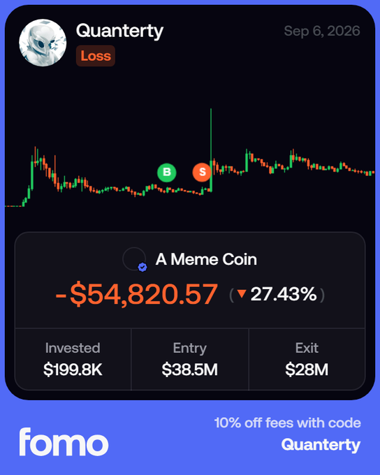 An image showing a crypto trading loss report from the "fomo" app, displaying a trade on "A Meme Coin" with a $54,820.57 loss (down 27.43%) on Sept 6, 2026, where the user invested $199.8K with an entry price of $38.5M and exit price of $28M. The post explains the user sold $MEME moments before a Vlad follow, then FOMOed back in at the top of the Vlad signal—directly matching the buy (B) and sell (S) markers shown on the chart and illustrating the emotional trading mistake that caused the significant loss.