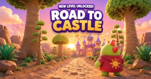 A mobile game promotional graphic displays 'NEW LEVEL UNLOCKED! ROAD TO CASTLE' with a green bird-like character in a red hoodie walking toward a castle.
