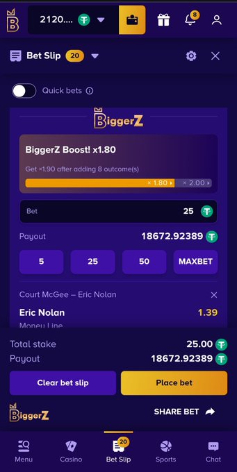 A screenshot of the BiggerZ betting app showing a Bet Slip for a tennis match between Eric Nolan and Court McGee, with a 'BiggerZ Boost! x1.80' promotion and a potential payout of 18672.92389 from a 25 token bet.