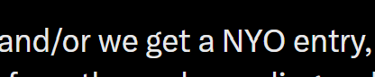 The image shows stylized white text on a black background reading "and/or we get a NYO entry," with partial text visible at the bottom. It relates to the post about anticipating a potential New York Open (NYO) trading entry, with the caption explaining that the NY session was set to open in 17 minutes.
