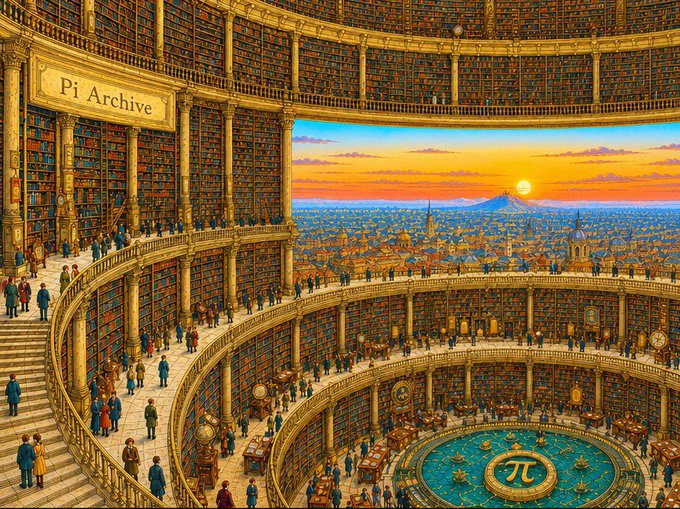 A detailed illustration of a grand multi-level circular library labeled 'Pi Archive,' filled with bookshelves and people, overlooking a cityscape at sunset with a 'π' symbol in the central pool.