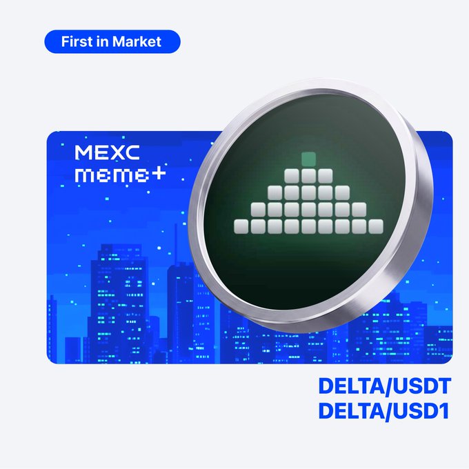 A promotional graphic announces MEXC Meme+ as the "First in Market" to list the $DELTA token, available for trading in DELTA/USDT and DELTA/USD1 pairs, featuring the token's circular pixelated logo against a blue cityscape backdrop.