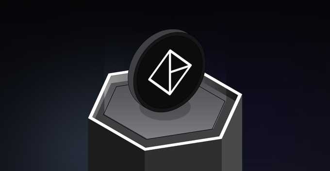 A sleek black and white logo featuring a geometric diamond shape on a circular emblem sits atop a dark hexagonal pedestal against a deep blue background. The minimalist design symbolizes the structured, transparent points program of 2Factor Finance, where users earn rewards through clearly defined tasks like social engagement and learning activities.