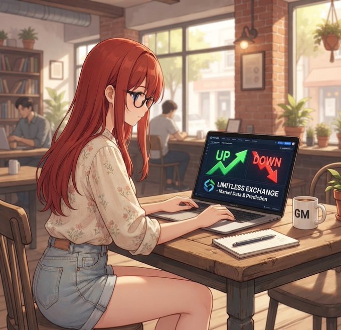 An anime girl works on a laptop in a cozy café, with the screen displaying "UP" and "DOWN" arrows alongside the "Limitless Exchange - Market Data & Prediction" branding, a "GM" coffee mug beside her—visually capturing the post's announcement of analyzing market trends and planning to open short-term positions with Limitless.