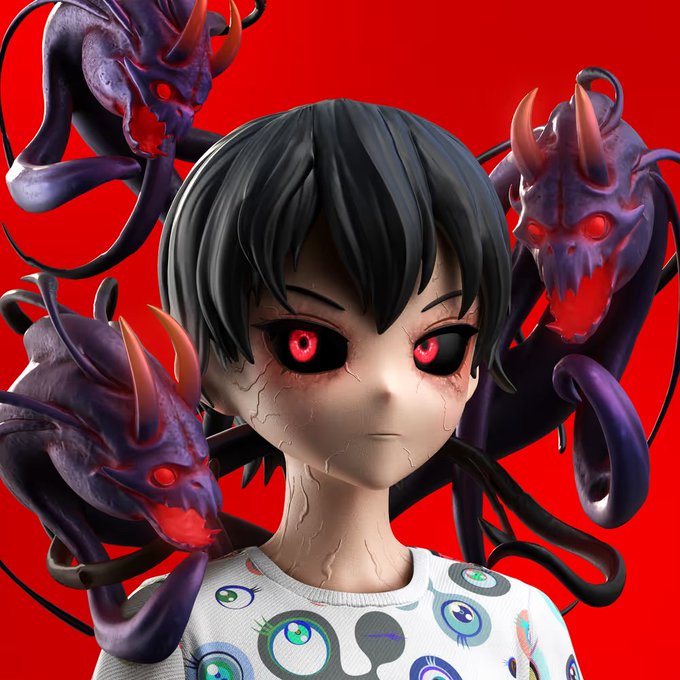 A 3D render of an anime-style character with cracked pale skin and glowing red eyes, surrounded by three purple demon heads against a red background, wearing a shirt with eyeball patterns.