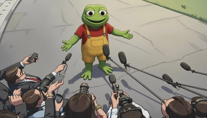 A cartoon green frog wearing yellow overalls and a red shirt stands with arms outstretched, surrounded by reporters holding microphones and cameras.