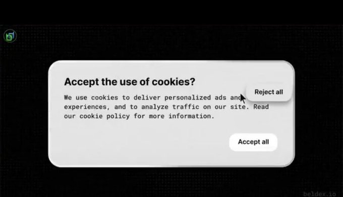 A cookie consent prompt asking 'Accept the use of cookies?' with options to 'Reject all' or 'Accept all', displayed on the beldex.io website.
