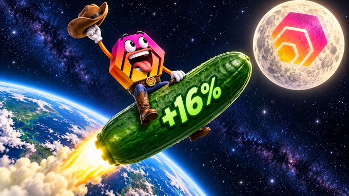 A whimsical digital illustration features an anthropomorphic pink cryptocurrency logo character riding a pickle rocket through space, wearing a cowboy hat, with '+16%' displayed and a moon with another logo in the background.