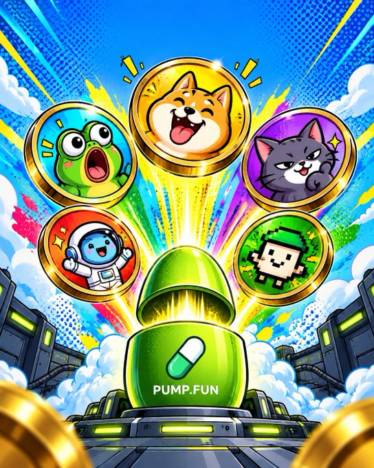 A vibrant promotional illustration for Pump.fun featuring a green capsule labeled 'PUMP.FUN' opening to reveal gold coins with various cartoon characters including a frog, cat, dog, astronaut, and pixel character.