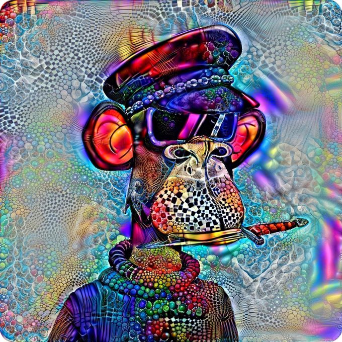 A vibrant, psychedelic digital artwork of a monkey wearing sunglasses, a cap, and headphones, rendered in rainbow colors with intricate patterns.