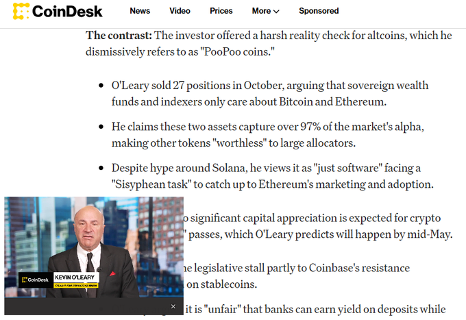 A CoinDesk article quotes Kevin O'Leary dismissing altcoins as "PooPoo coins," claiming Bitcoin and Ethereum capture 97% of market alpha, with Solana reduced to "just software"—ironic given his previously enthusiastic investment endorsement of Sui shared in the post.