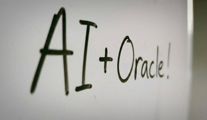 The image shows handwritten text reading "AI + Oracle!" in black marker on a white surface. This visually reinforces the post's message about how oracle networks provide trusted real-world data to enable smart contracts and AI-powered systems to operate on verified inputs rather than assumptions.