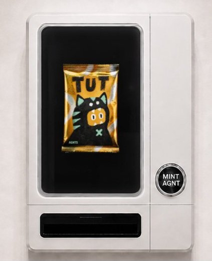 A white vending machine labeled 'MINT AGNT' dispensing an orange NFT package labeled 'TUT' featuring a cartoon cat character.