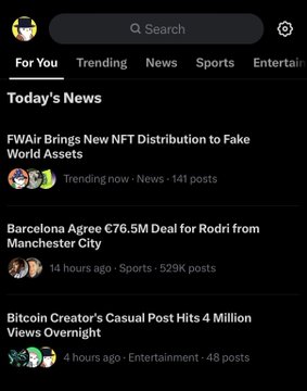 A dark-mode social media 'Today's News' feed displaying trending stories including 'FWAir Brings New NFT Distribution to Fake World Assets,' 'Barcelona Agree €76.5M Deal for Rodri from Manchester City,' and 'Bitcoin Creator's Casual Post Hits 4 Million Views Overnight.'
