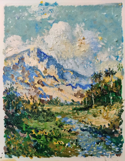 An impressionist oil painting depicting a mountain landscape with a snow-capped peak, blue sky with white clouds, green vegetation, and a stream in the foreground.