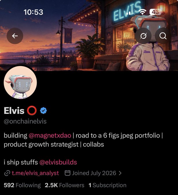 A profile page for 'Elvis' (@onchainelvis) on a social platform, featuring a cyberpunk-style banner and avatar, with the bio 'building @magnetxdao | road to a 6 figs jpeg portfolio | product growth strategist | collabs'.