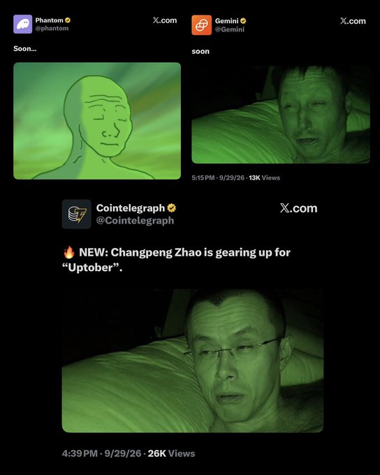 The image shows three social media posts (from Phantom @phantom, Gemini @Gemini, and Cointelegraph @Cointelegraph) all using the same "Wojak crying" meme format, with Cointelegraph's tweet reading "🔥 NEW: Changpeng Zhao is gearing up for 'Uptober'," dated 4:39 PM 9/29/26 with 26K views. The posts humorously suggest that crypto influencers are hyping up an October rally to "trap retail" investors with false bullish sentiment.