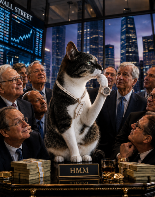 A tuxedo cat wearing a gold chain and diamond-encrusted watch sits on a podium labeled "HMM," surrounded by admiring Wall Street executives with "WALL STREET" signage and financial charts in the background, while stacks of cash and a glass of whiskey sit nearby—evoking the post's joke about institutions being "still early" to a meme-stock phenomenon.