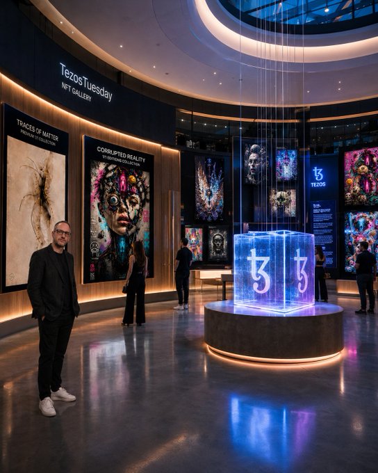 A Tezos NFT gallery exhibition titled 'TezosTuesday' featuring displays of digital artwork including 'Traces of Matter' and 'Corrupted Reality', with a glowing illuminated Tezos logo cube in the center.