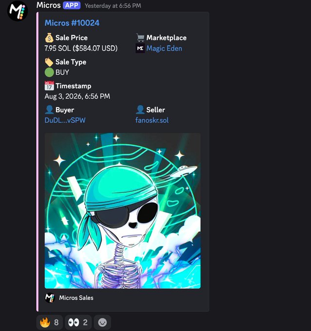 Discord notification from the "Micros APP" announcing the sale of "Micros #10024" for 7.95 SOL ($584.07 USD) on Magic Eden, featuring an illustration of an alien skeleton.