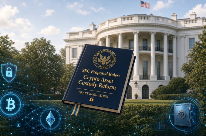 An illustrated book titled 'SEC Proposed Rules: Crypto Asset Custody Reform - DRAFT REGULATION' featuring the SEC seal, set against the backdrop of the White House with cryptocurrency and security icons.