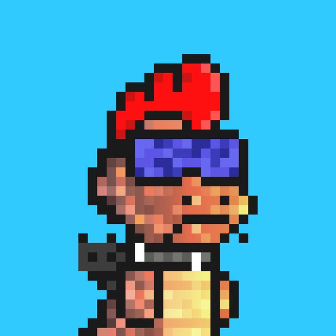 A pixel art image of a stylized, red-haired character wearing sunglasses, representing a "Sartie" NFT. The character's aesthetic aligns with the post's mention of secondary market opportunities for these digital collectibles.