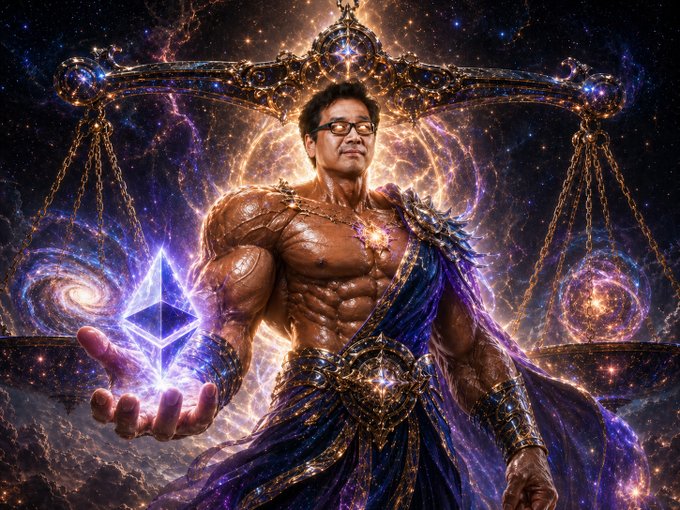 The image features a muscular man with glasses, dressed in a blue robe, standing against a dark background that includes stars and planets. The man holds an object in his hand, which appears to be a crystal or gemstone. The caption of the image reads "In my opinion, zero chance of this ‘crisis’ happening for $ETH zero x.com/bscnews/status...".