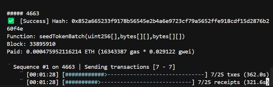 A terminal screenshot showing a successful blockchain transaction (Block 33895910) for the function `seedTokenBatch(uint256[],bytes[][],bytes[][])` on sequence 4663, which relates to the post's update about seeding progress (300/4444) on-chain.