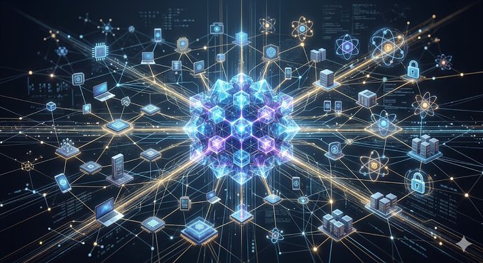 A vibrant, futuristic digital illustration depicts a central glowing blue and purple cube structure connected by luminous golden lines to surrounding nodes featuring technology icons like servers, laptops, shields, and atom symbols, symbolizing a decentralized network. The image visually represents the concept of a distributed computing network that the post describes as @quipnetwork's mission to build.