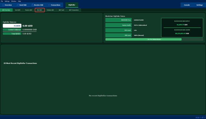 A screenshot of a digital wallet or dashboard interface showing a 'DigiDollar' tab with zero balances in SDD, DDG, and USD, and a message stating 'No recent DigiDollar transactions.'