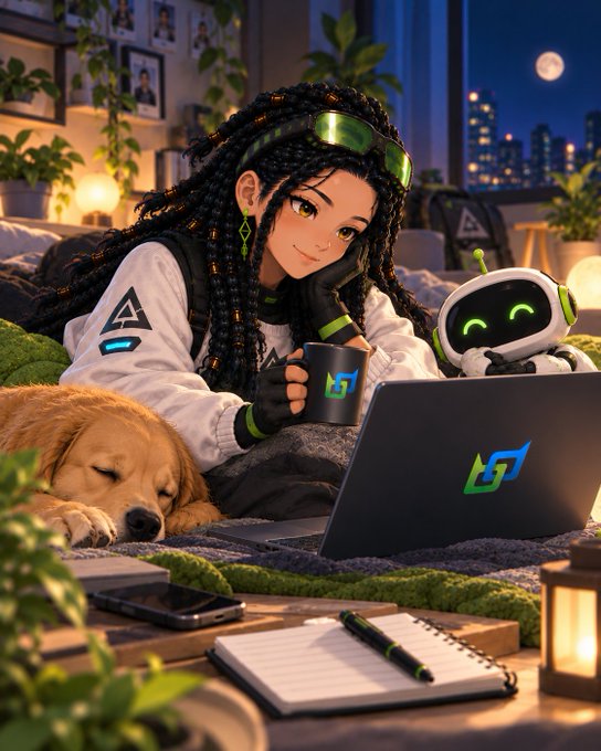An anime-style illustration of a girl with braided hair and green goggles working on a laptop alongside a sleeping golden retriever and a small white robot, with 'GT' logos visible on the laptop and mug.
