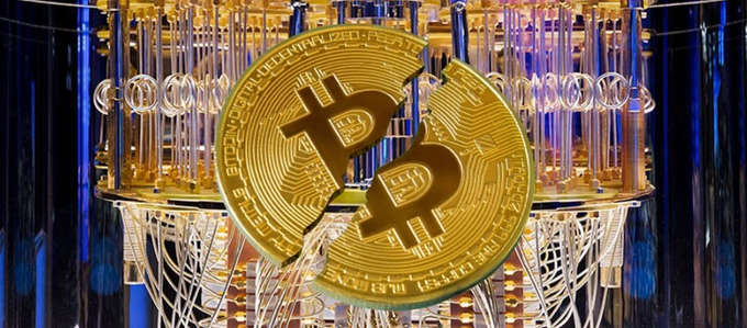 A digital rendering of a broken golden Bitcoin coin split in half, displayed against a backdrop of glowing blue and gold quantum computer hardware.