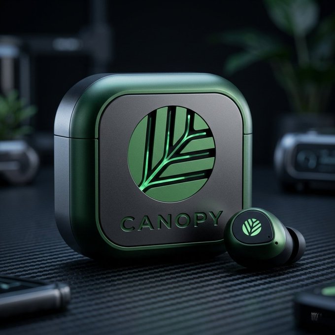 A product shot displays green and black wireless earbuds and their charging case, branded with the name "CANOPY" and a leaf logo.