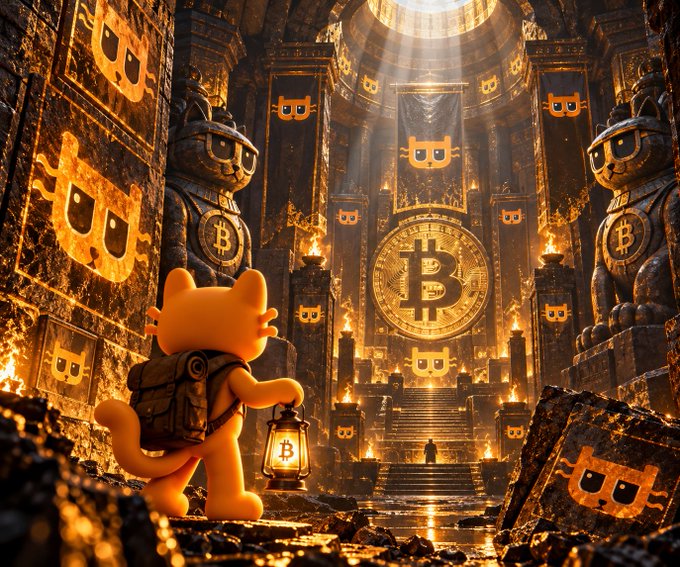 An orange cartoon cat adventurer holding a Bitcoin lantern stands before a grand, fire-lit temple where a massive Bitcoin emblem and cat-themed stone carvings dominate the altar, symbolizing the post's message that Bitcoin is the unyielding foundation ("final boss") while $BILLY positions itself as the memorable feline presence enduring within the Bitcoin and runes narrative.