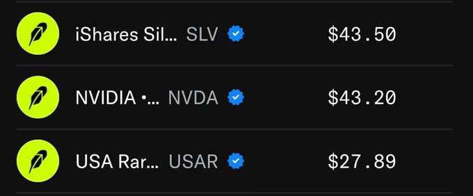 A dark-themed portfolio display shows three holdings: iShares Silver Trust (SLV) at $43.50, NVIDIA (NVDA) at $43.20, and USA Rare Earth (USAR) at $27.89, each marked with a blue verified checkmark and a green feather icon. The image illustrates the post's claim of successful stock picks from the "DerpBoys" activation on stonkpit.xyz, showcasing the returns generated within 24 hours.