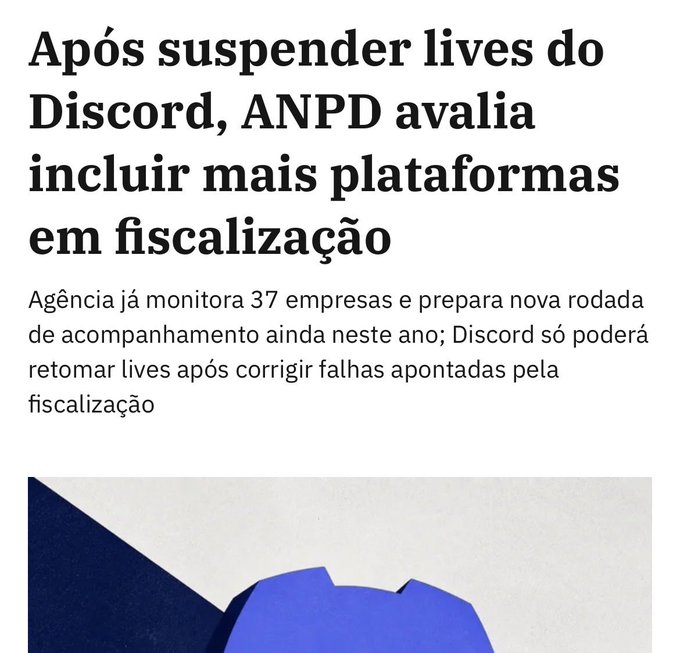 A notícia informa que a ANPD avalia incluir mais plataformas em fiscalização, após suspender as lives do Discord; a agência já monitora 37 empresas e prepara nova rodada ainda neste ano. O post associa a medida a um possível “grande firewall tupiniquim”, sugerindo receio de maior censura ou controle digital no Brasil.