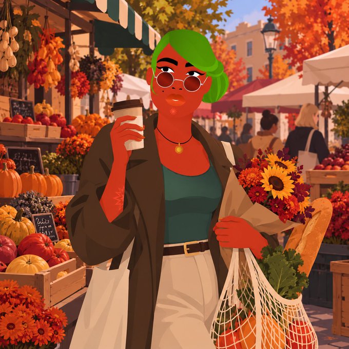 A stylized illustration of a woman with green hair and red skin holding a coffee cup, standing at an autumn farmers market with pumpkins, sunflowers, and a baguette in her bag.