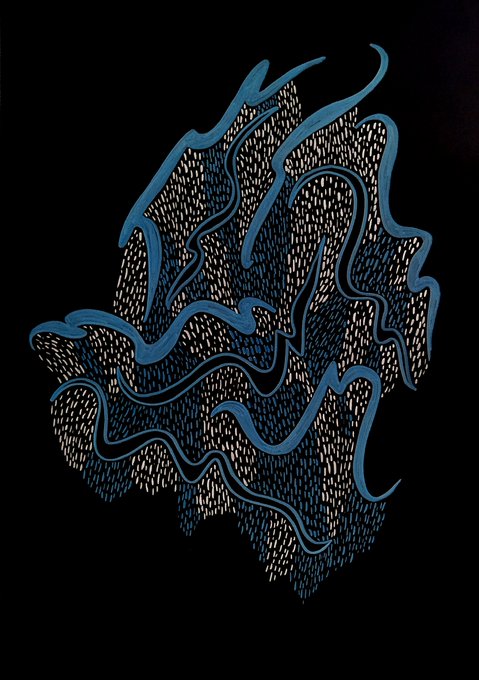 An abstract digital artwork on a black background featuring swirling blue flame-like shapes filled with stippled textures in shades of blue, gray, and beige.