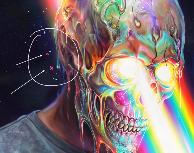 A vibrant, psychedelic digital artwork of a melting skull-like face with glowing eyes emitting a bright rainbow beam against a dark starry background with small x marks and arrows.