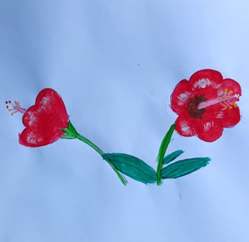 A watercolor painting shows two red hibiscus-like flowers with green stems and leaves arranged in a V-shape against a light blue background.