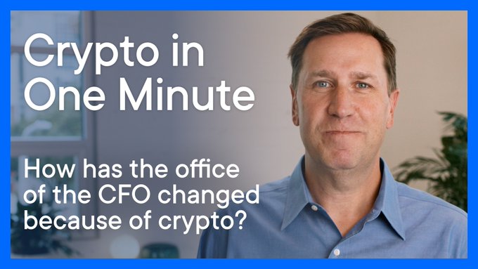 The image shows a man in a blue shirt with overlay text reading "Crypto in One Minute: How has the office of the CFO changed because of crypto?" The visual pairs with the post about how XRP and RLUSD enable treasury operations during the 64 hours per week when traditional banks are closed, illustrating the CFO's evolving need for 24/7 onchain settlement solutions.