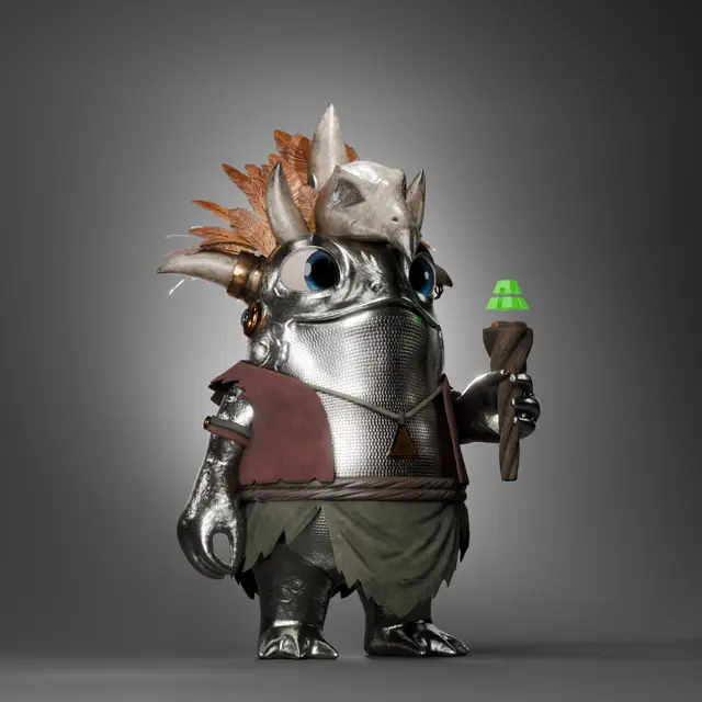 A 3D-rendered character resembling a small armored creature with horns, big eyes, and chainmail armor holds a small wooden mace with a glowing green crystal.