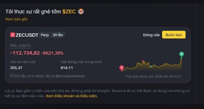 A Binance trading interface screenshot showing the ZECUSDT perpetual pair with a massive PNL of -112,724.82 (-6621.38%) and a Vietnamese caption expressing horror at ZEC.